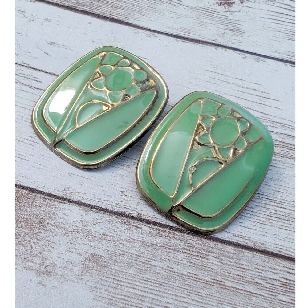 Vintage Clip On Earrings - 1.25" Green Geometric Design
